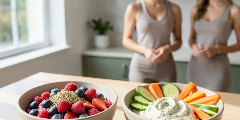 Zwei Schüsseln nebeneinander: links die Quark-Beeren-Bowl mit sichtbaren Beeren und Leinsamen, rechts der Kräuterquark-Dip mit Gemüsesticks – beide realistisch und appetitlich angerichtet, keine Foodporn-Ästhetik