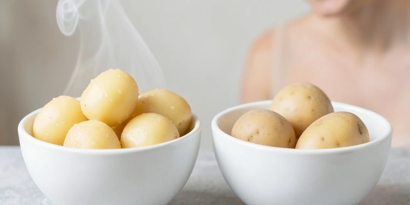 Zwei Schüsseln nebeneinander: links frisch gekochte Kartoffeln mit Dampf, rechts abgekühlte Kartoffeln aus dem Kühlschrank – Beschriftung: „GI ca. 75–85" vs. „GI ca. 56"