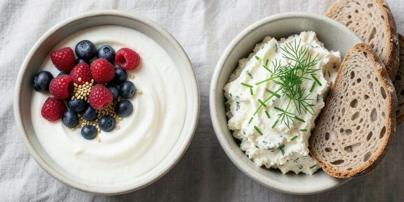 Zwei Schüsseln nebeneinander: links Magerquark mit Beeren und Leinsamen (süß), rechts Kräuterquark mit Vollkornbrot (herzhaft) – beide mit sichtbaren Zutaten und Grammangaben als Overlay