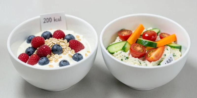 Zwei Schüsseln nebeneinander – links süßer Quark mit Beeren und Haferflocken, rechts herzhafter Kräuterquark mit Gemüsesticks, beide beschriftet mit Gewichtsangaben