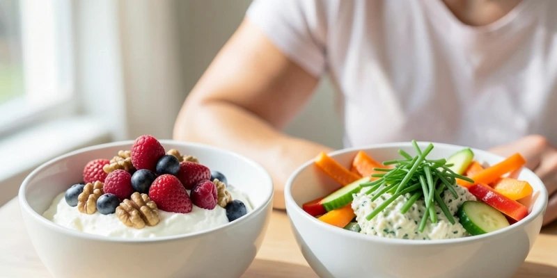 Zwei Schüsseln nebeneinander – links süßer Quark mit Beeren und Walnüssen, rechts herzhafter Kräuterquark mit Gemüsesticks – mit eingeblendetem Proteingehalt je Portion