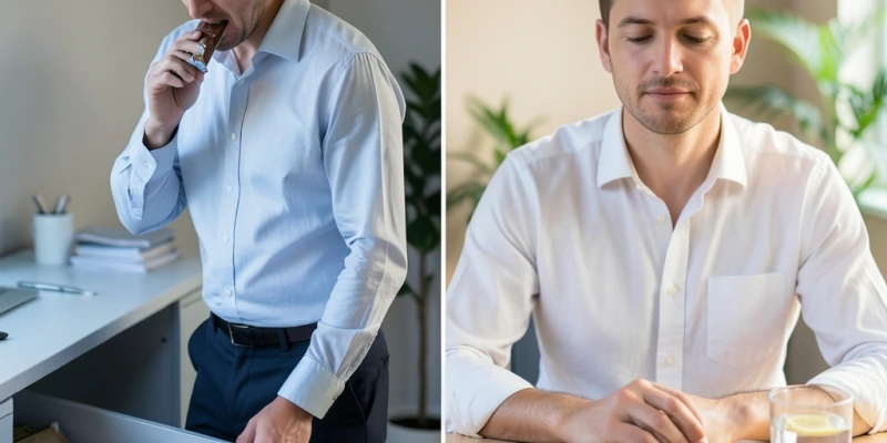 Zwei Situationen nebeneinander: Links – hastig gegessene Schokolade im Stehen, kein Teller, offene Schublade. Rechts – zwei Stück Schokolade auf einem kleinen Teller, Tisch, Sitzposition