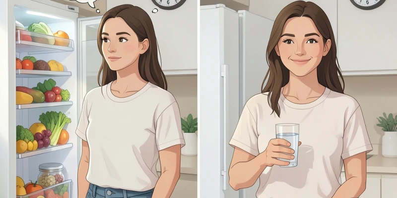 Zwei Situationen nebeneinander: Links ein Mensch am Kühlschrank mit dem Gedanken „Hunger?" – rechts derselbe Mensch mit einem Glas Wasser in der Hand, Uhr zeigt 5 Minuten später, daneben ein leeres Glas und kein Griff in den Kühlschrank.