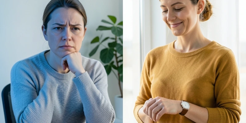 Zwei Situationen nebeneinander: links eine Person mit gesenkten Schultern am Schreibtisch (Stress-Essdrang), rechts eine Person die entspannt auf die Uhr schaut vor dem Mittagessen (physiologischer Hunger) – visueller Kontrast ohne Wertung