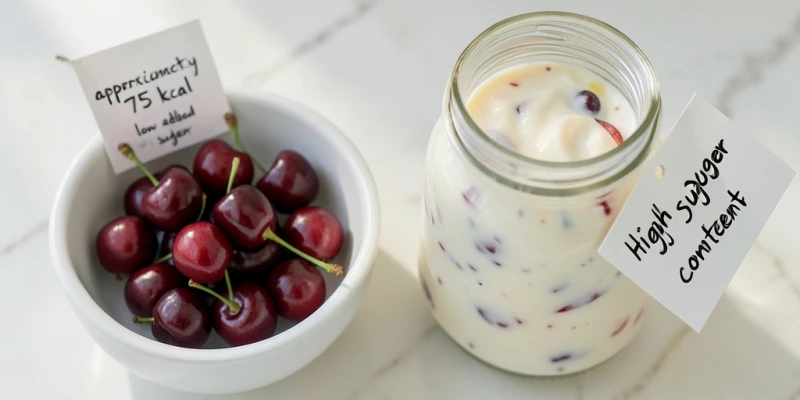 Zwei Snack-Optionen nebeneinander – links eine Handvoll Kirschen (150 g, ca. 75 kcal) und rechts ein typischer Fruchtjoghurt (150 g, ca. 130 kcal mit Zuckerzusatz) – Unterschied in Zucker- und Kaloriengehalt sichtbar beschriftet