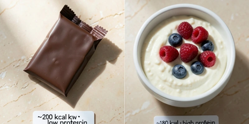 Zwei Snack-Optionen nebeneinander: links ein Riegel Schokolade (ca. 200 kcal, wenig Protein), rechts Hüttenkäse mit Beeren (ca. 180 kcal, viel Protein) – mit kurzer Beschriftung zur Sättigungswirkung