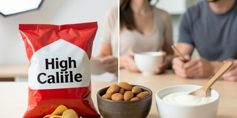 Zwei Snack-Optionen nebeneinander: links eine Tüte Chips (100g, ca. 550 kcal), rechts eine Schale mit 20g Mandeln + 150g Joghurt (ca. 240 kcal) – gleicher Sättigungseffekt, unterschiedliche Kalorienmenge
