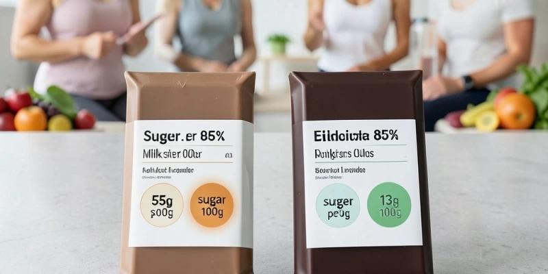 Zwei Tafeln Schokolade nebeneinander – Nährwerttabelle sichtbar: Vollmilch mit ~55 g Zucker vs. 85% Dunkel mit ~13 g Zucker pro 100 g
