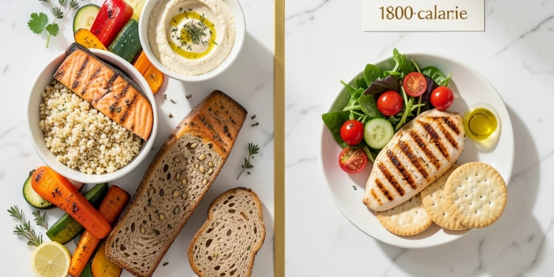 Zwei Tagesmahlzeiten im Vergleich: Mahlzeit mit 1.800 kcal (moderate Reduktion) vs. Mahlzeit mit 900 kcal (zu starkes Defizit) – beide mit Beispielportionen beschriftet, die zeigen, was „ausreichend essen" konkret bedeutet