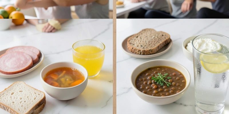 Zwei Tagesmenüs nebeneinander: „Vorher" mit Weißbrot, Wurst, Fertigsuppe und Limo – „Nachher" mit Vollkornbrot, Hüttenkäse, Linseneintopf, Wasser mit Zitrone – ohne Wertung, nur Mengenvergleich sichtbar