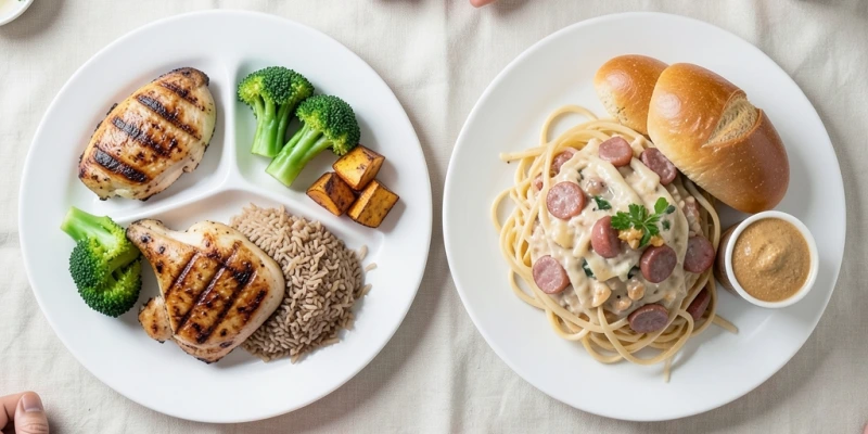 Zwei Tagesteller im Vergleich – links: drei strukturierte Mahlzeiten mit Protein, Gemüse, Kohlenhydraten; rechts: eine große Abendmahlzeit mit gleicher oder höherer Kalorienmenge, aber weniger Protein und mehr verarbeiteten Anteilen