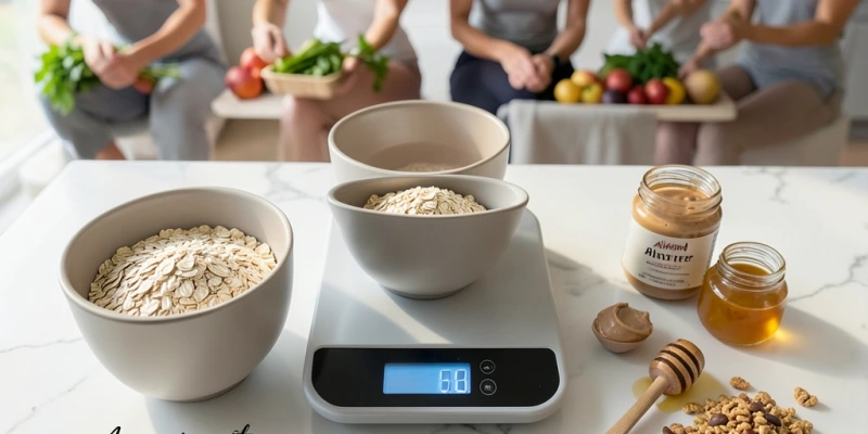 Zwei Tassen Haferflocken auf einer Küchenwaage: links 50 g trocken, rechts 50 g trocken plus 2 EL Nussbutter, 1 EL Honig, 30 g Granola – sichtbarer Kalorienunterschied durch Beschriftung: ca. 190 kcal vs. ca. 580 kcal