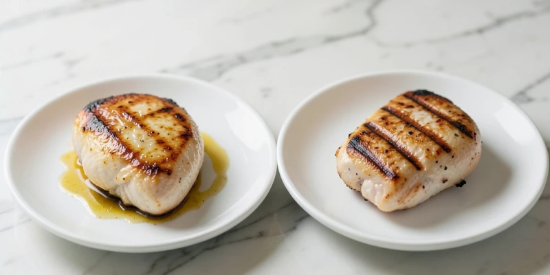 Zwei Teller: 150 g gegarte Hähnchenbrust – einmal aus der Pfanne mit Öl, einmal vom Grill ohne Zugabe. Kalorienunterschied durch abgetropftes Fett vs. aufgenommenes Öl sichtbar gemacht.