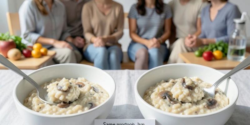 Zwei Teller identisches Risotto – links ein Esslöffel, rechts eine Gabel. Beschriftung: „Gleiche Portion, andere Bißgröße – der Löffel nimmt pro Bissen ca. doppelt so viel auf"