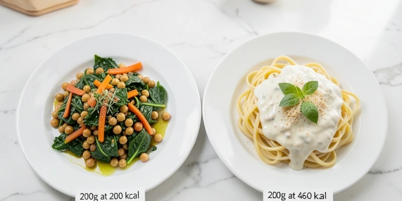 Zwei Teller im direkten Vergleich: links 200g Gemüse-Kichererbsen-Pfanne (~200 kcal), rechts 200g Pasta mit Käsesoße (~460 kcal) – gleiche Portionsgröße, unterschiedliche Energiedichte
