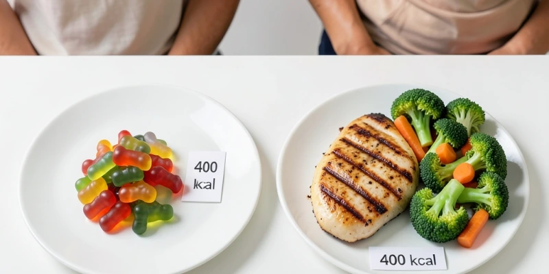 Zwei Teller im Vergleich: 400 kcal als 80 g Gummibärchen versus 400 kcal als 150 g Hähnchenbrustfilet mit 200 g gedünstetem Gemüse – gleiche Energie, drastisch unterschiedliche Sättigung und Nährstoffdichte