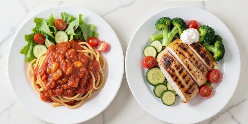 Zwei Teller im Vergleich: links klassische Mahlzeit mit Nudeln, Sauce und Salat; rechts eiweißbetonte Mahlzeit mit Hähnchenbrust, Gemüse und Hüttenkäse – gleiche Tellergröße, unterschiedliche Makronährstoffverteilung