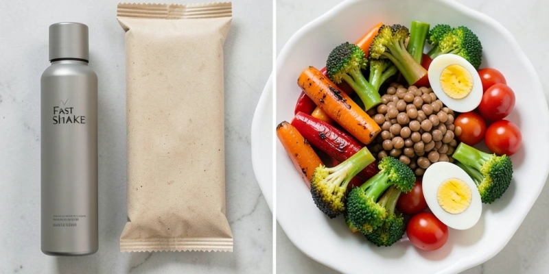 Zwei Teller im Vergleich – links: Shake plus Riegel (flüssig, wenig Volumen, wenig Kauaufwand); rechts: gleichwertige Kalorienmenge als feste Mahlzeit (Gemüse, Hülsenfrüchte, Proteinquelle) – sichtbar mehr Volumen, Farbe, Struktur