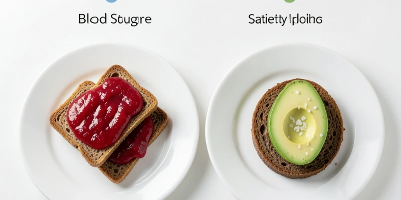 Zwei Teller mit ähnlichem Sättigungsvolumen: Knäckebrot mit Marmelade vs. ein Knäckebrot mit halber Avocado – Vergleich von Sättigungsdauer und Blutzuckereffekt als Infografik