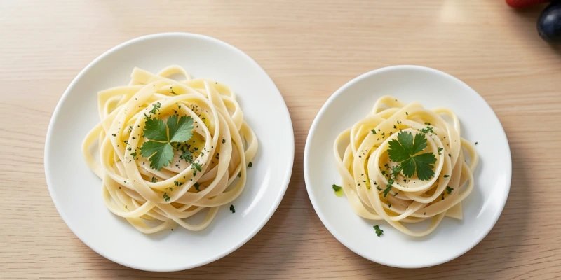 Zwei Teller mit derselben Menge Pasta (200 g) – einmal auf einem 28-cm-Teller, einmal auf einem 22-cm-Teller. Der kleinere Teller wirkt voller.