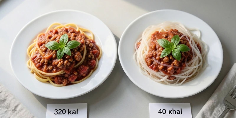Zwei Teller mit identisch aussehender Tomaten-Bolognese – einer mit Weizennudeln, einer mit Shirataki – mit sichtbarer Kennzeichnung der jeweiligen Kalorienmenge unter jedem Teller