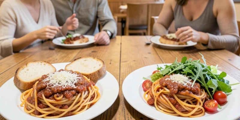 Zwei Teller nebeneinander: ein typisches Restaurantgericht mit großer Pasta-Portion und Brot vs. dieselbe Pasta-Menge mit Salatbeilage und ohne Brot – gleiches Restaurant, unterschiedliche Kalorienmenge durch Begleitung
