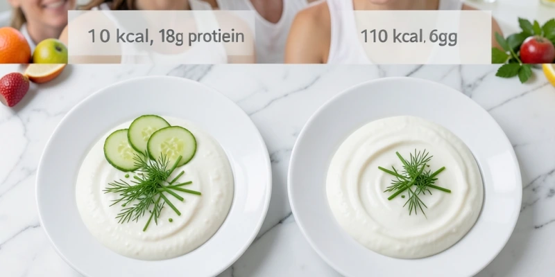 Zwei Teller nebeneinander: links 150 g Magerquark natur mit Gurke und Kräutern, rechts 150 g Joghurt mild – Nährwertvergleich als eingeblendete Zahl: Quark 100 kcal / 18 g Eiweiß vs. Joghurt 110 kcal / 6 g Eiweiß