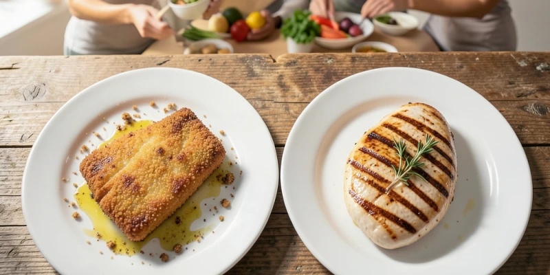 Zwei Teller nebeneinander: Links 150 g paniertes Schnitzel in der Pfanne mit sichtbarem Öl, rechts 150 g unpaniertes Hähnchenfilet gegrillt – gleiche Fleischmenge, deutlich unterschiedliche Fettmenge
