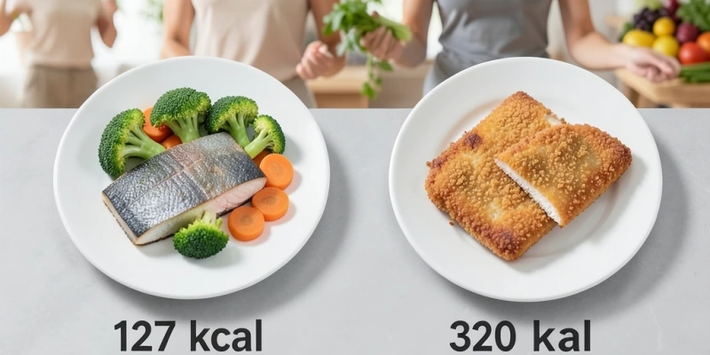 Zwei Teller nebeneinander – links 150g Kabeljaufilet mit Gemüse, rechts 150g Schweineschnitzel; Kalorienangabe darunter jeweils als Zahl, Proteingehalt als Balken visualisiert