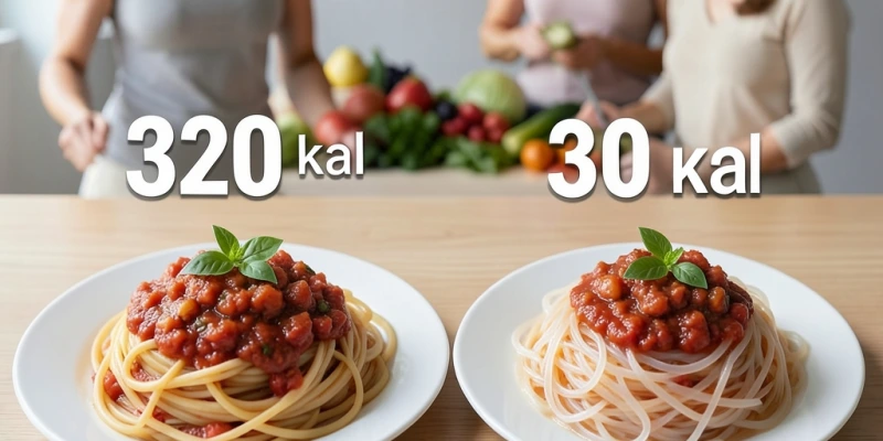 Zwei Teller nebeneinander: links 200 g gekochte Weizennudeln mit Tomatensauce, rechts 200 g Shirataki mit gleicher Sauce – gleiche Portionsgröße, sichtbarer Kalorienunterschied als Zahl eingeblendet