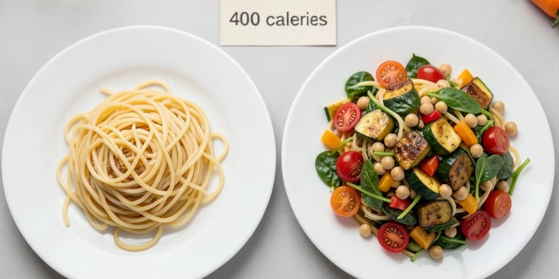 Zwei Teller nebeneinander – links 400 Kalorien als kleine Portion Pasta pur, rechts 400 Kalorien als große Portion Pasta mit Gemüse und Hülsenfrüchten – gleiche Energie, deutlich unterschiedliches Volumen