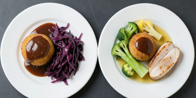 Zwei Teller nebeneinander – links ein Kloß mit klassischer Bratensauce und Rotkohl, rechts derselbe Kloß mit gedünstetem Gemüse und hellem Geflügelfleisch in leichter Brühe – gleicher Kloß, deutlich unterschiedliche Gesamtportionskalorien