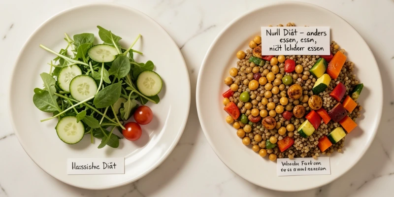 Zwei Teller nebeneinander: links ein kleiner Salat mit der Aufschrift „klassische Diät", rechts ein voluminöses, sättigendes Gericht aus Hülsenfrüchten, Gemüse und Vollkorn mit der Aufschrift „Null Diät – anders essen, nicht weniger essen"