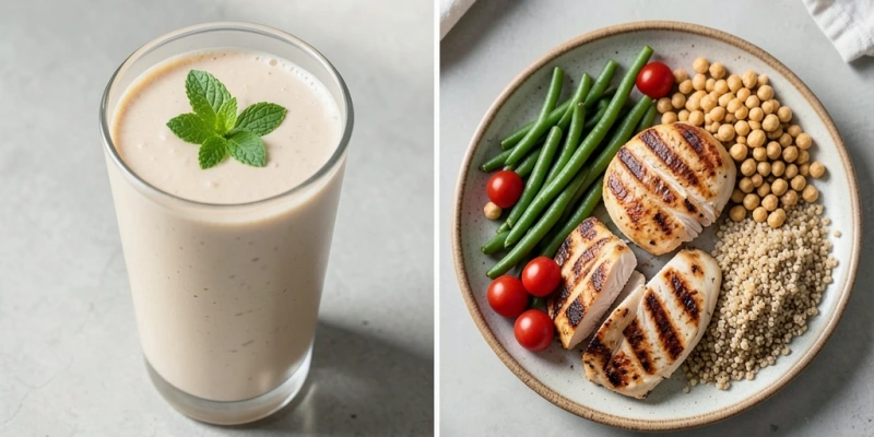 Zwei Teller nebeneinander: links ein Shake-Glas als Mahlzeitersatz, rechts ein gefüllter Teller mit Protein, Gemüse und Hülsenfrüchten – Bildunterschrift: „Was du lernst, wenn du die zweite Option baust, bleibt länger als jedes Programm"