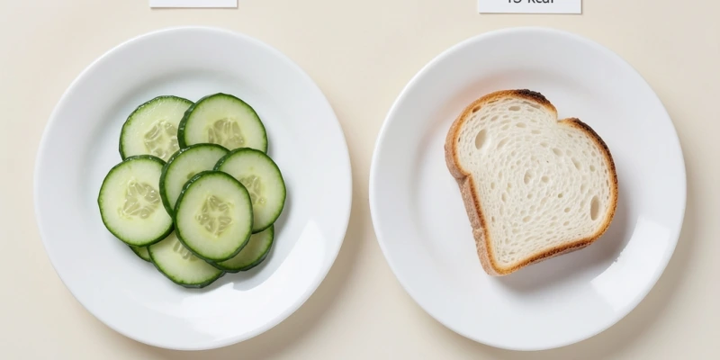 Zwei Teller nebeneinander – links eine halbierte, in Scheiben geschnittene Gurke (ca. 300 g), rechts eine halbe Scheibe Weißbrot (ca. 25 g) – beschriftet mit den ungefähren Kalorienangaben beider Portionen