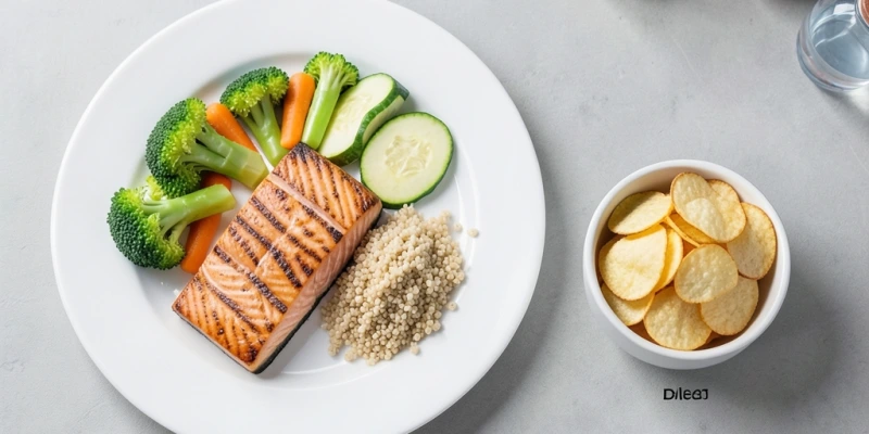 Zwei Teller nebeneinander: links eine nährstoffreiche Mahlzeit (z.B. 150g Lachs, 200g Gemüse, 80g Quinoa), rechts eine kleine Schüssel Chips – gleiche Kalorienmenge, völlig unterschiedliche Sättigungswirkung