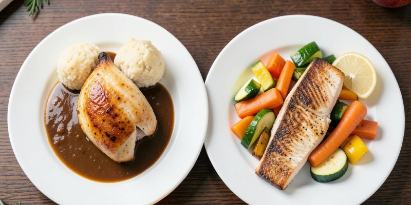 Zwei Teller nebeneinander: links eine Portion Gänsebrust mit Knödel und Soße, rechts eine gebratene Forelle mit Ofengemüse und Zitrone – gleiche Tellergröße, unterschiedliche Nährstoffzusammensetzung sichtbar durch Farbunterschiede