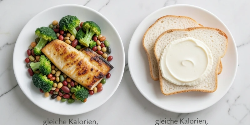 Zwei Teller nebeneinander: links Hülsenfrüchte, Gemüse, Fisch; rechts Weißbrot mit Aufstrich – beschriftet mit „gleiche Kalorien, unterschiedliche Sättigungsdauer"