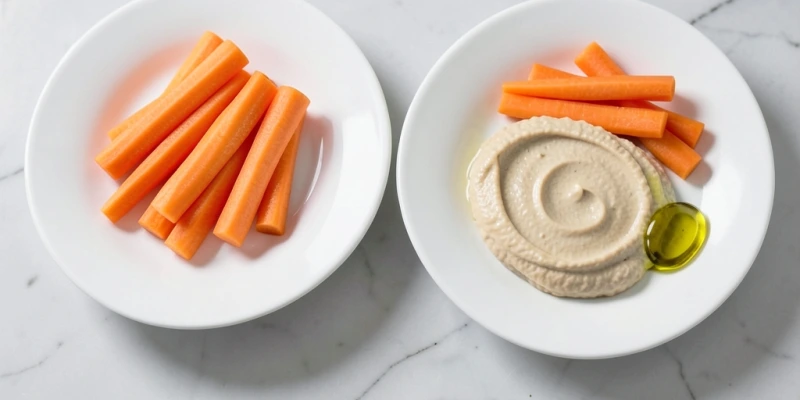 Zwei Teller nebeneinander – links Karottensticks ohne Beilage, rechts dieselbe Menge Karotten mit einem Esslöffel Hummus und einem Teelöffel Olivenöl – Text darunter: „gleiche Karotten, deutlich unterschiedliche Beta-Carotin-Resorption"