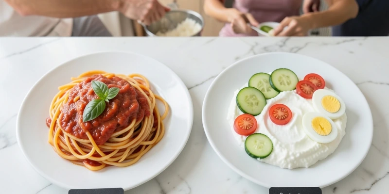 Zwei Teller nebeneinander: Links Pasta mit Tomatensauce (ca. 400 kcal), rechts Hüttenkäse mit Gurke, Tomate, 2 Eiern (ca. 400 kcal) – beschriftet mit „gleiche Kalorien, unterschiedliche Sättigungsdauer"