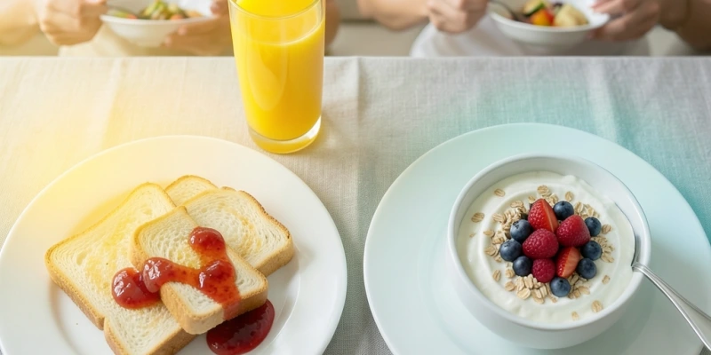 Zwei Teller nebeneinander: links Weißbrot mit Marmelade und Orangensaft, rechts Skyr mit Haferflocken und Beeren – beide ähnliche Größe, aber unterschiedliche Insulinwirkung visualisiert durch farbliche Markierung