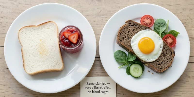 Zwei Teller nebeneinander – links: weißer Toast mit Marmelade; rechts: Vollkornbrot mit Ei und Gemüse. Bildunterschrift: Gleiche Kalorienmenge, sehr unterschiedlicher Effekt auf den Blutzucker