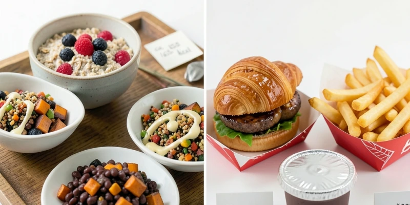 Zwei typische vegane Tagesmenüs nebeneinander – „unverarbeitet & sättigend" vs. „verarbeitet & kalorienreich" – mit Beispielgerichten und grober Kalorienschätzung für den Tag