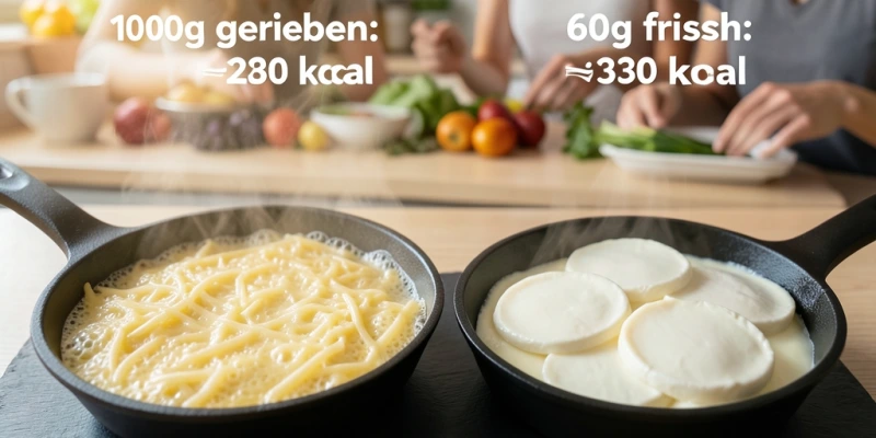 Zwei überbackene Portionen nebeneinander: 100g geriebener Mozzarella vs. 60g frischer Mozzarella in Scheiben – Schmelzverhalten und Kalorienunterschied als Text-Overlay
