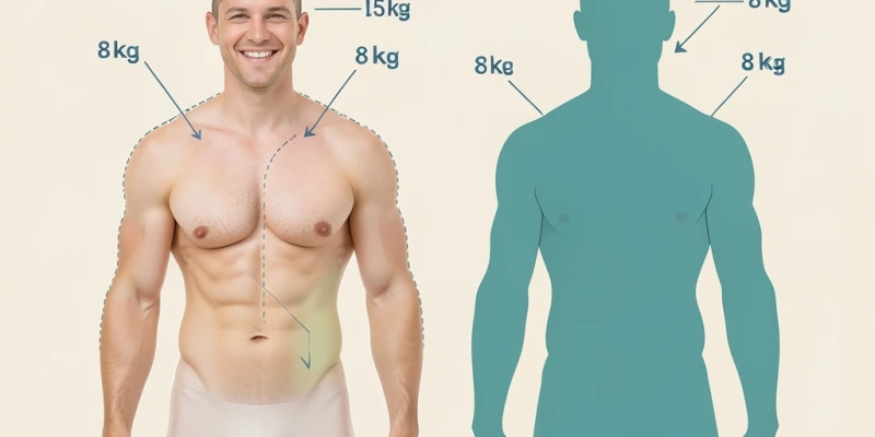Zwei vereinfachte Körperzusammensetzungs-Darstellungen (Silhouette): Person A verliert 8 kg durch reine Kalorienreduktion (davon ca. 2 kg Muskeln), Person B verliert 8 kg durch Kombination aus Kraft-/Ausdauertraining und Ernährungsanpassung (davon weniger als 1 kg Muskeln)