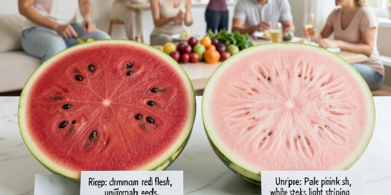 Zwei Wassermelonenhälften im Querschnitt nebeneinander: links vollreif (tiefrot, gleichmäßig), rechts unreif (blassrosa, weiße Streifen im Fruchtfleisch) – beschriftet mit den Erkennungsmerkmalen.