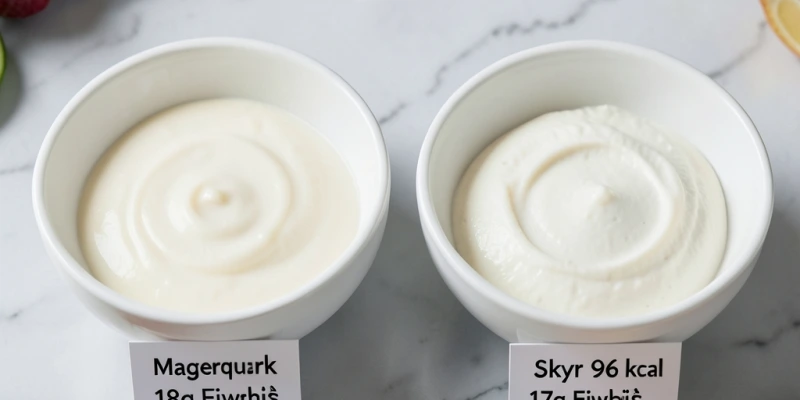Zwei weiße Schüsseln nebeneinander, jeweils mit 150 g Inhalt beschriftet – links „Magerquark 100 kcal, 18 g Eiweiß", rechts „Skyr 96 kcal, 17 g Eiweiß" – mit sichtbaren Konsistenzunterschieden: Quark cremig, Skyr leicht fester