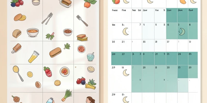 Zwei Wochenpläne nebeneinander: einer ohne Struktur (kein Fastentag, variierende Mahlzeiten), einer mit zwei monatlichen 24-Stunden-Fastenphasen – visuell zeigt der Vergleich, wo Regelmäßigkeit entsteht