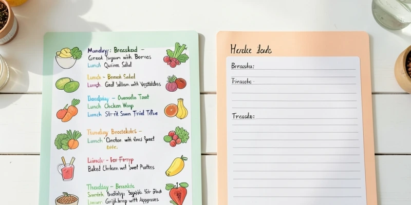 Zwei Wochenpläne nebeneinander: links ein vollständig neuer Ernährungsplan für alle Mahlzeiten, rechts ein Plan, der nur das Frühstück ändert – alle anderen Mahlzeiten bleiben zunächst unverändert