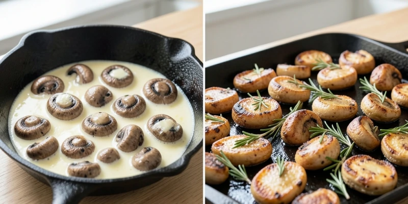 Zwei Zubereitungsmethoden nebeneinander: Champignons mit Butter und Sahne in der Pfanne vs. Champignons im Ofen geröstet mit Kräutern – gleiche Pilzmenge, sichtbarer Unterschied in Fettgehalt